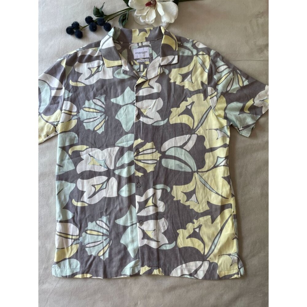 Denim & Flower Ricky Singh Mens Floral Button-Up Shirt M Cotton Blend Gray/Yello